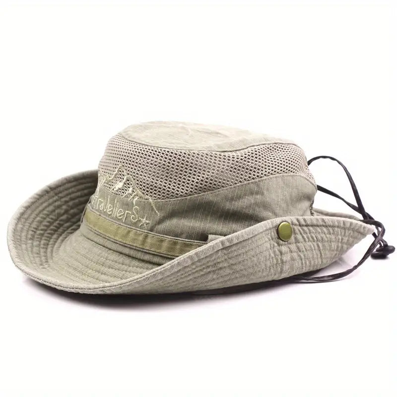 Durable unisex wide brim sun hat with adjustable strap, perfect for hiking, camping, and outdoor activities.