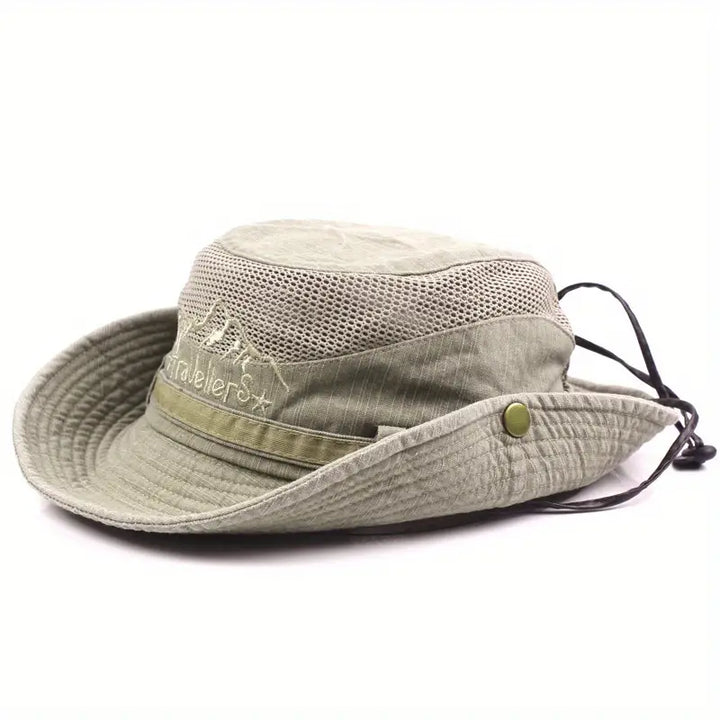 Durable unisex wide brim sun hat with adjustable strap, perfect for hiking, camping, and outdoor activities.