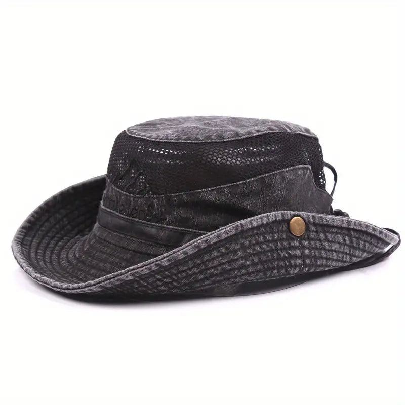 Foldable & packable unisex sun hat featuring a wide brim and adjustable chin strap, ideal for travel and beach.