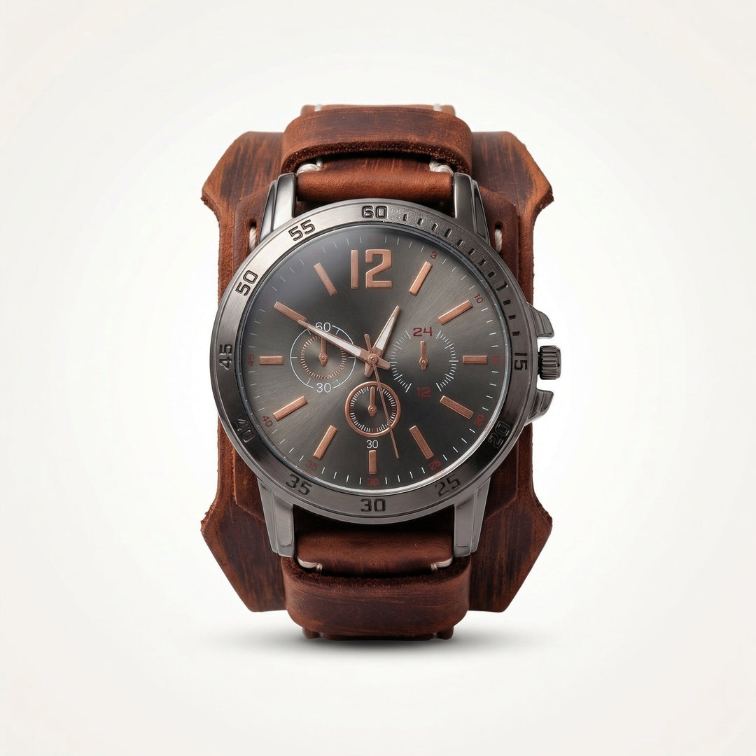 Unisex oversized leather strap watch with bold vintage style. Perfect statement piece for any outfit.