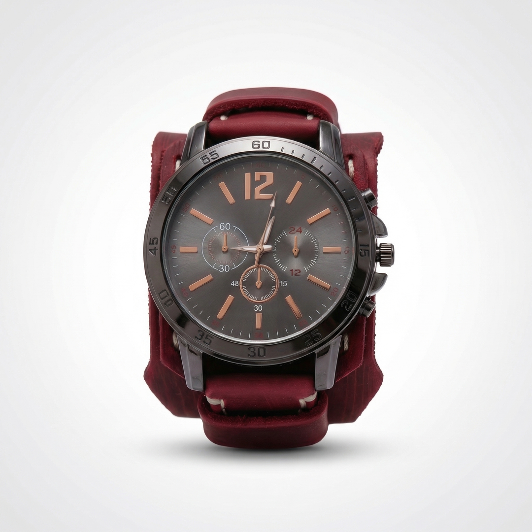 Bold vintage oversized leather strap watch. Unisex punk streetwear style with a unique quartz movement.