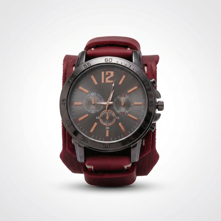 Bold vintage oversized leather strap watch. Unisex punk streetwear style with a unique quartz movement.