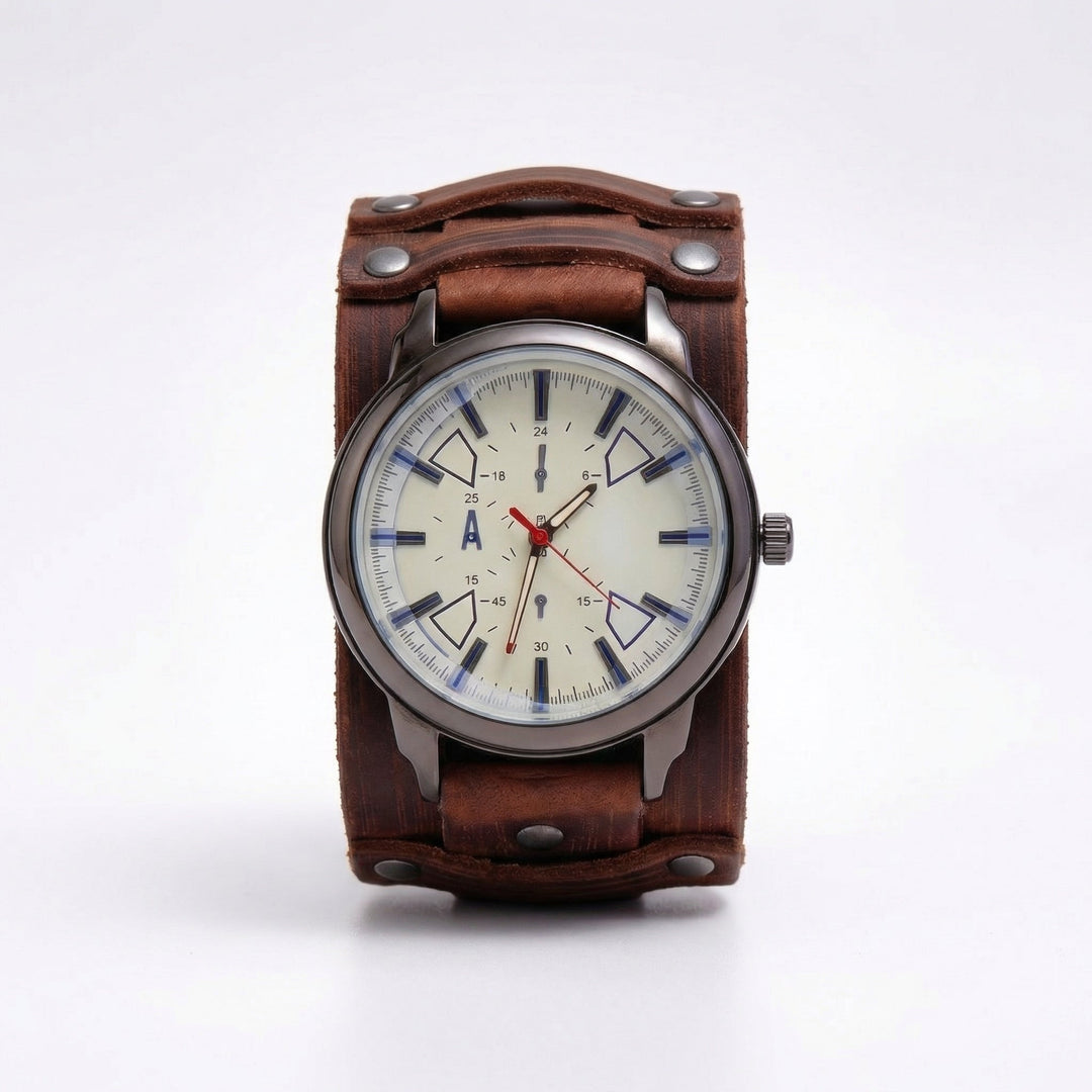 Close-up of a vintage oversized watch with a wide brown leather strap. Classic retro punk design.