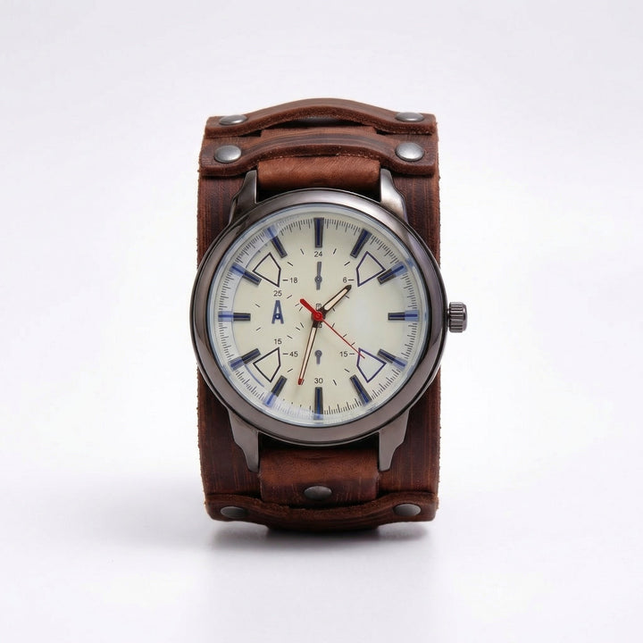 Close-up of a vintage oversized watch with a wide brown leather strap. Classic retro punk design.