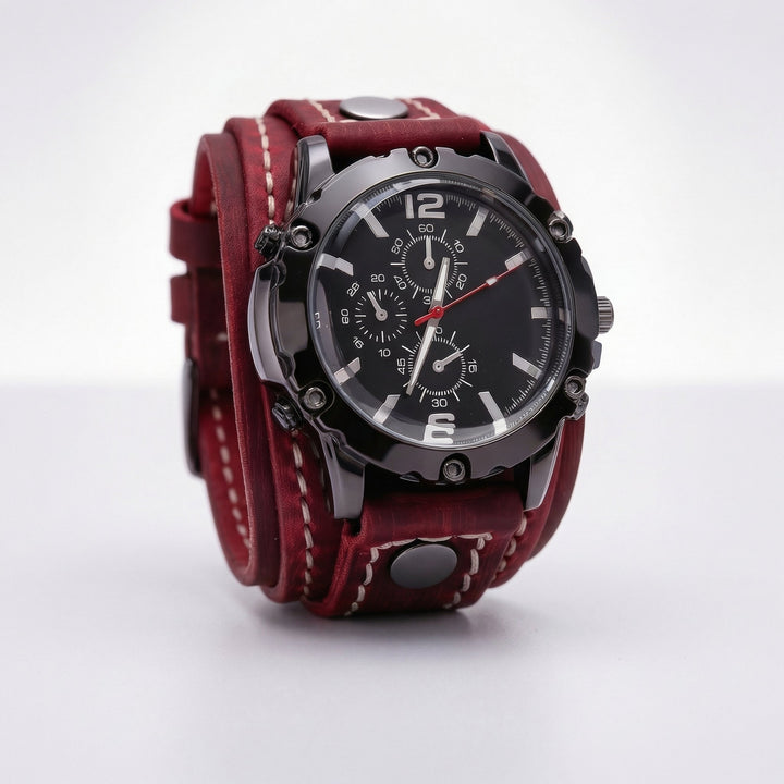 Unisex oversized watch featuring a durable black leather strap & bold vintage punk design. Streetwear essential.