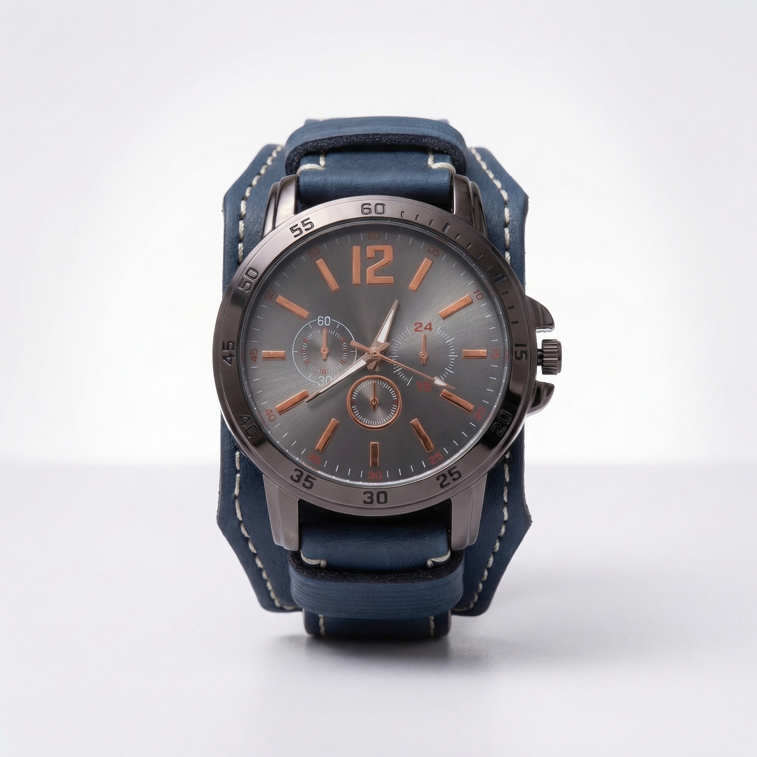 Oversized vintage quartz watch with a distressed leather strap, ideal for a punk or streetwear look.