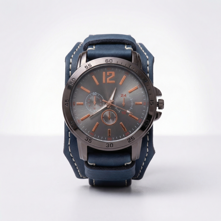 Oversized vintage quartz watch with a distressed leather strap, ideal for a punk or streetwear look.