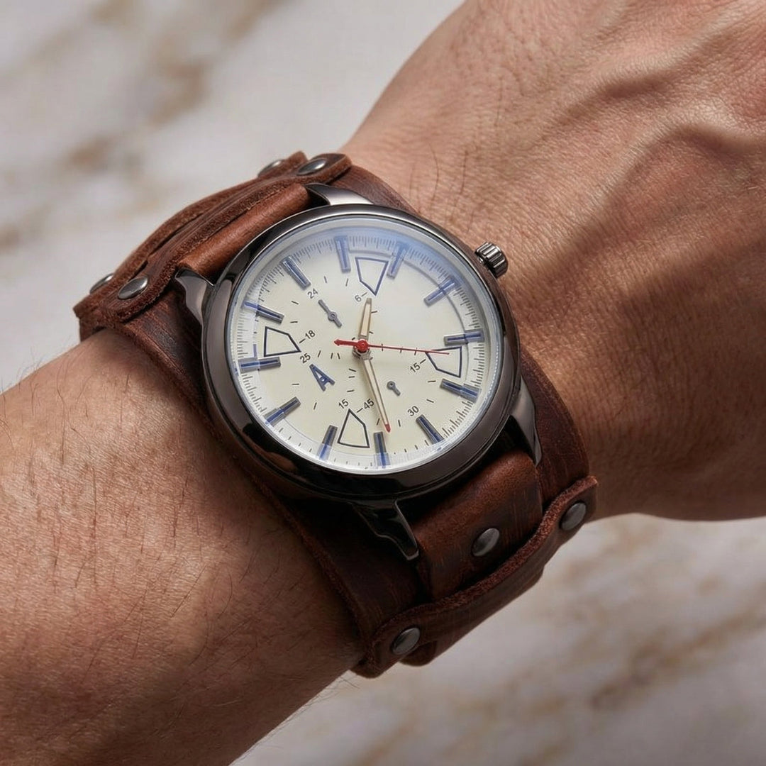 Statement oversized watch with a thick leather strap and bold vintage aesthetic. Unisex design for all.
