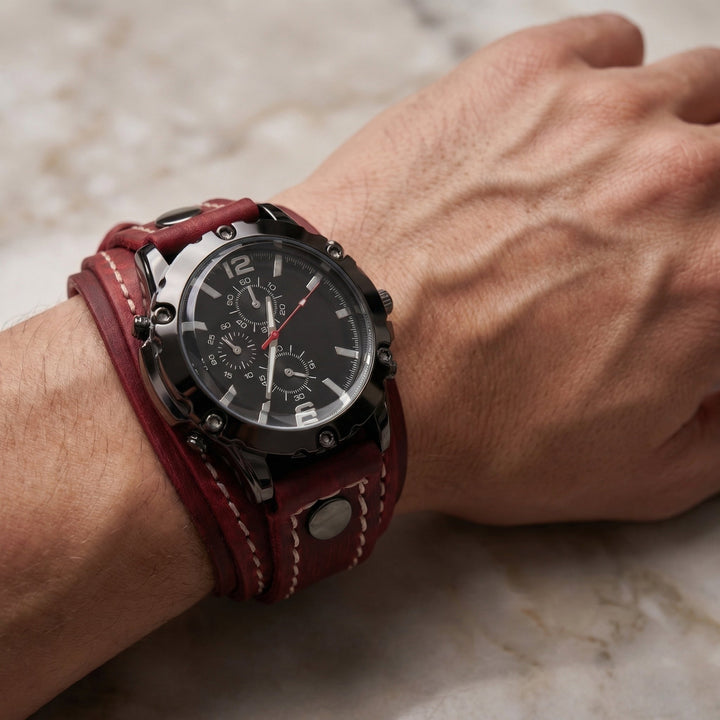 Detailed view of an oversized vintage watch face with a genuine leather strap. Unisex bold punk style.