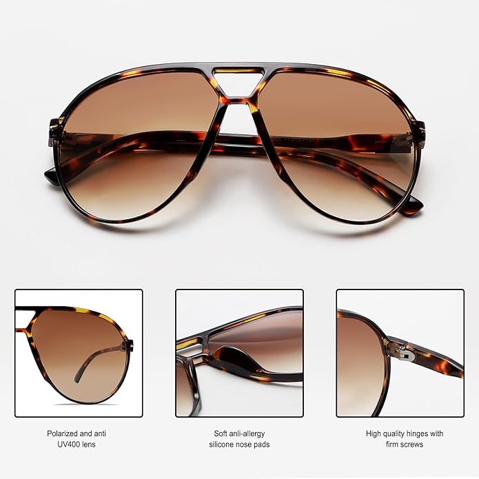 Elegant unisex oversized aviator sunglasses, combining retro style with contemporary fashion.