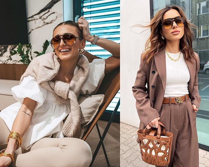 Aviator sunglasses with a distinctive oversized frame, a popular vintage-inspired eyewear choice.