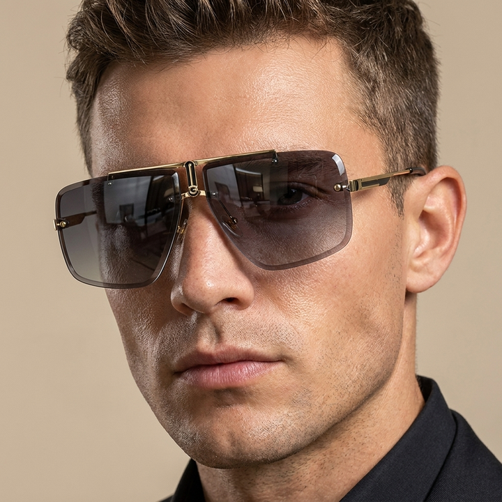 Unisex oversized rimless sunglasses offering modern style & excellent sun protection.