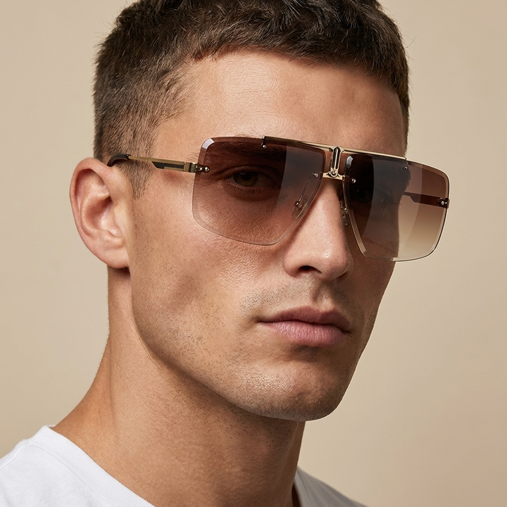 Stylish oversized rimless shades, perfect unisex eyewear for fashion & UV protection.