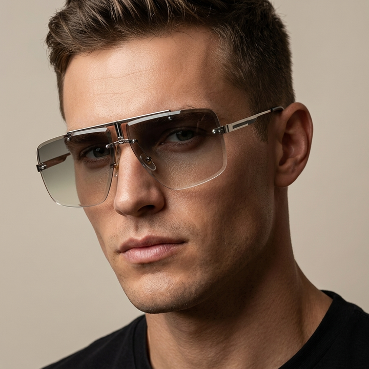Modern oversized rimless eyewear, designed for unisex style and optimal sun protection.