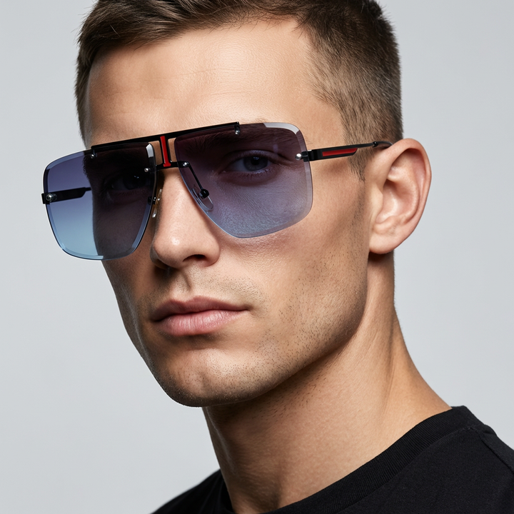 Chic unisex oversized rimless shades providing essential sun protection and a bold look.