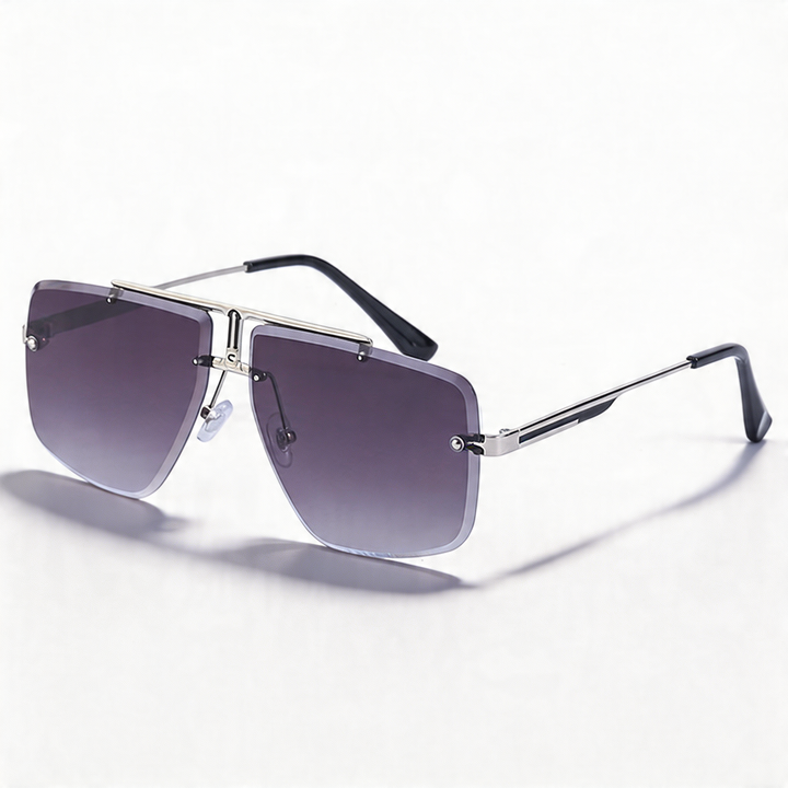 Contemporary unisex oversized rimless sunglasses, combining fashion-forward design with sun protection.