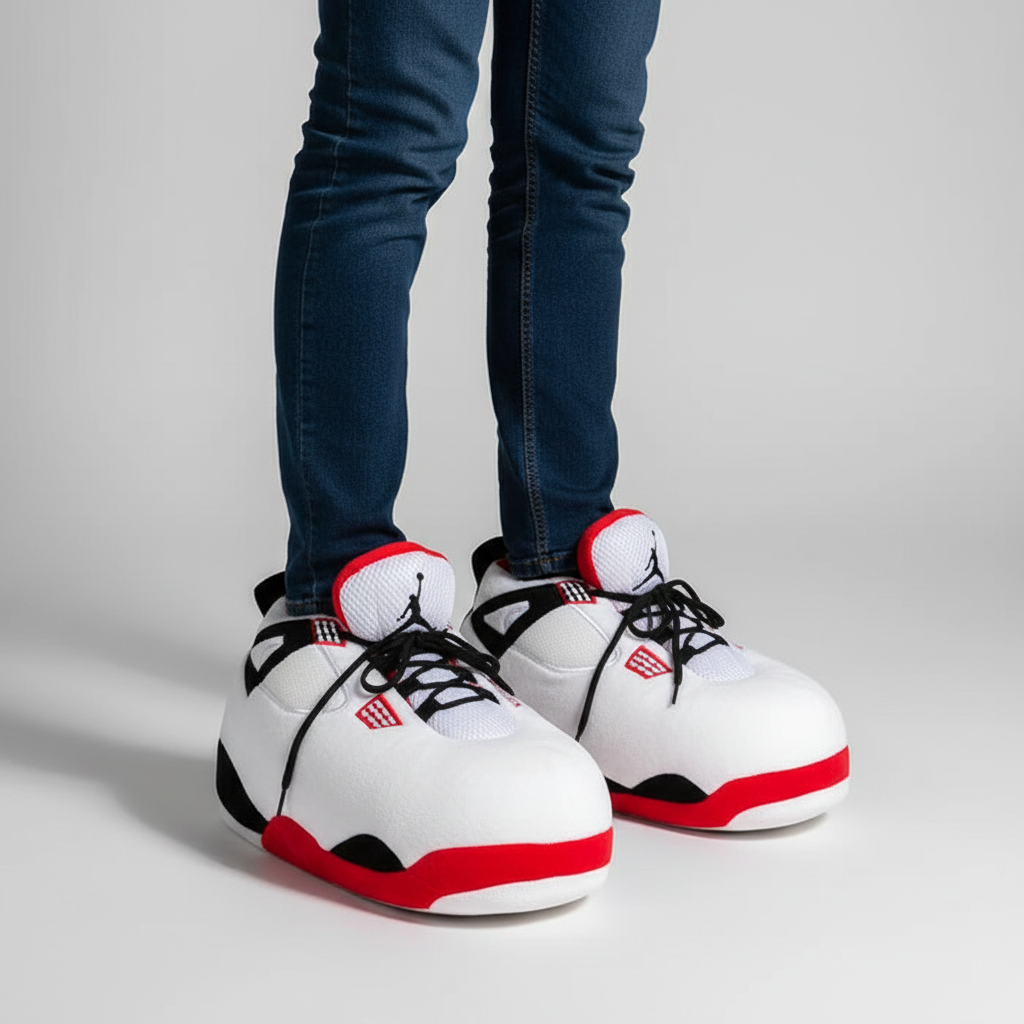 Pair of ComfySneak oversized sneaker slippers, top-down view, soft indoor footwear