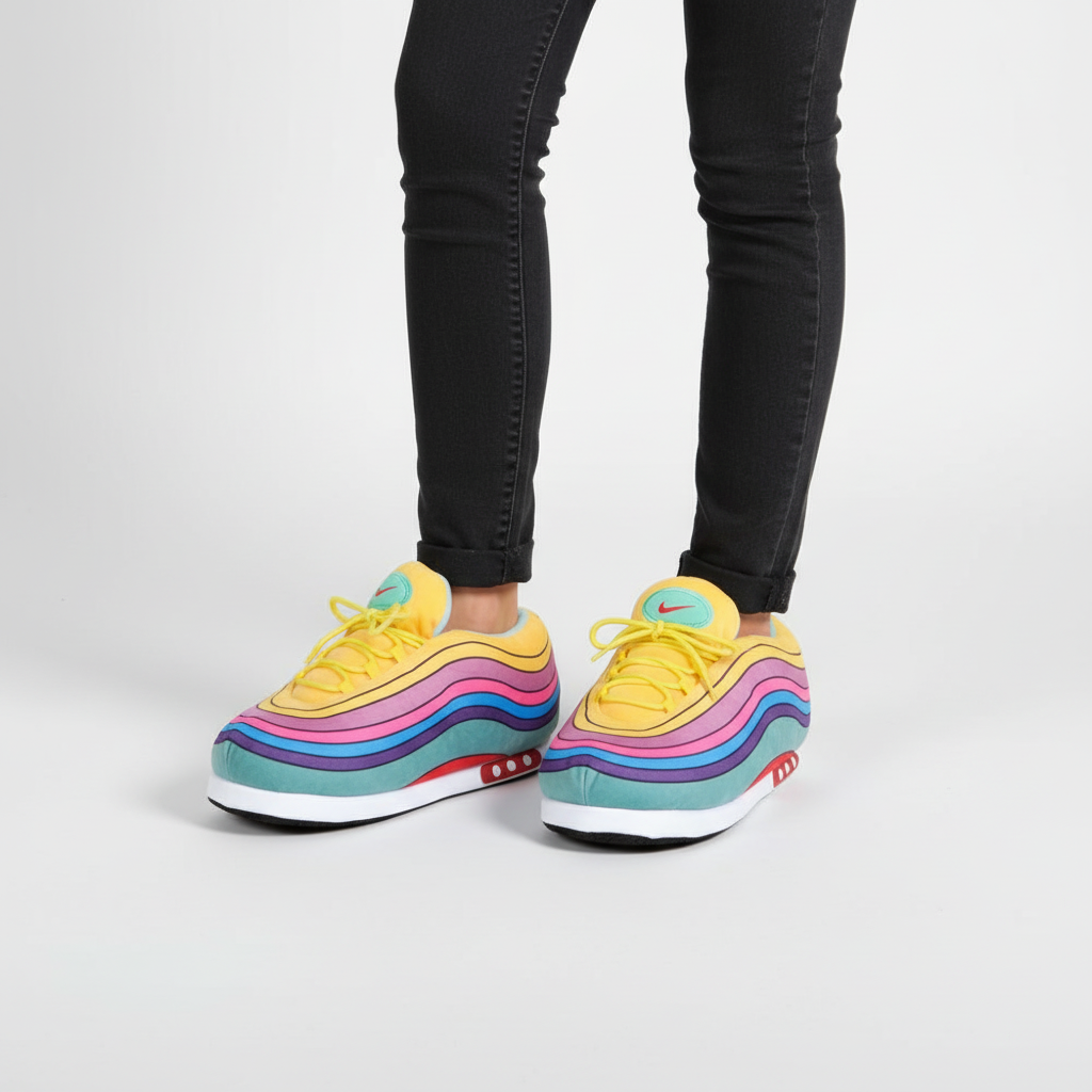 Front view of black ComfySneak oversized sneaker slippers, fashion slippers design