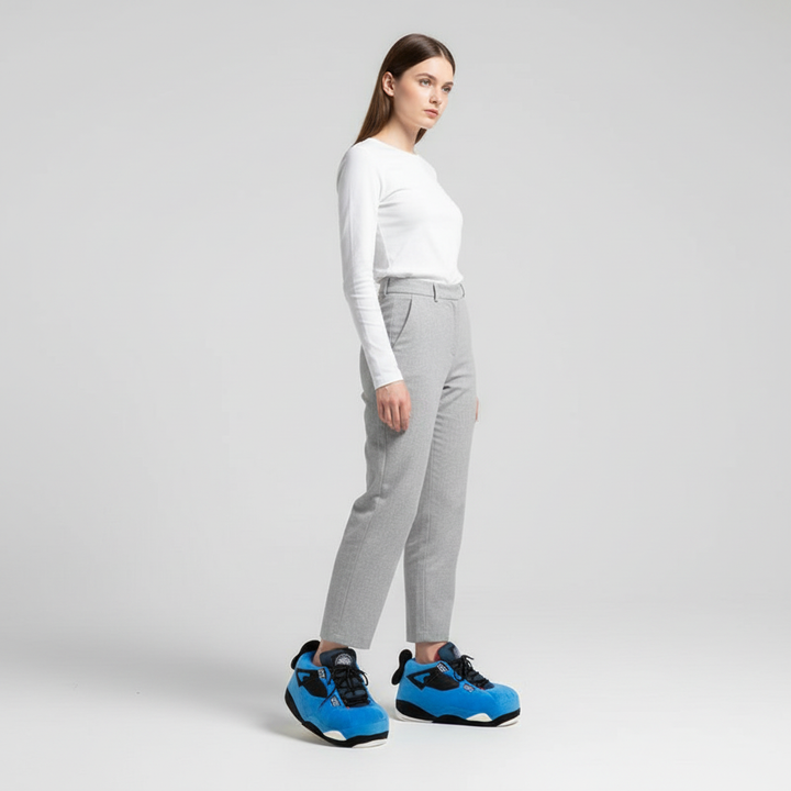 Unisex oversized sneaker slippers in a cozy living room setting, perfect for relaxation