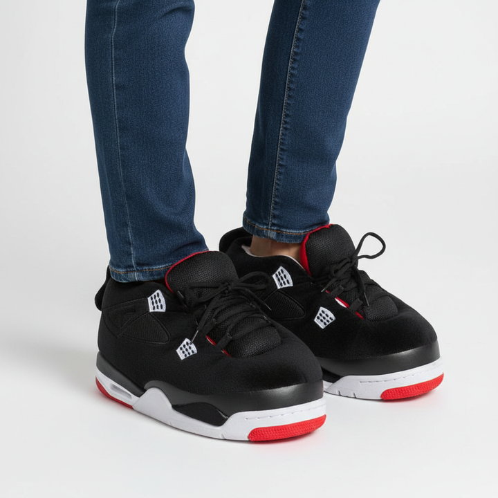 Angled shot of oversized sneaker slippers in various colors, comfortable and stylish indoor footwear