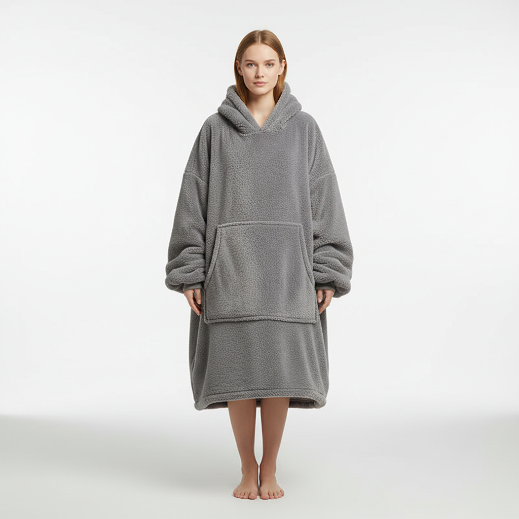 Unisex Oversized Warm Flannel Blanket Hoodie in red, close-up of soft flannel fabric