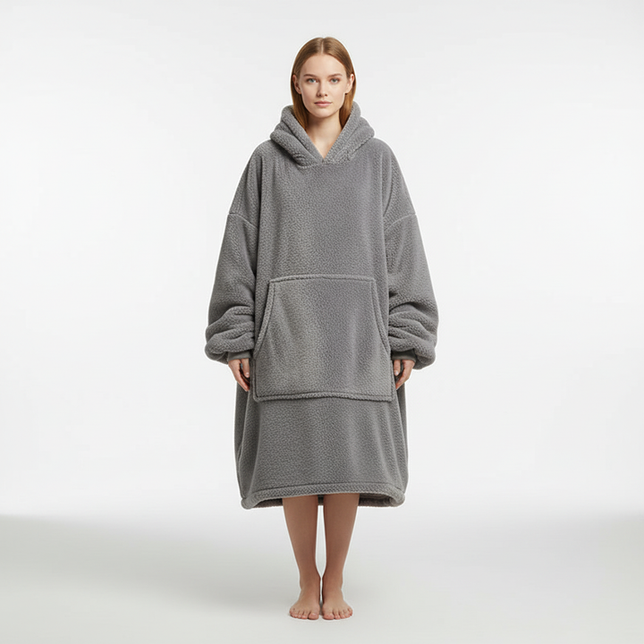 Unisex Oversized Warm Flannel Blanket Hoodie in red, close-up of soft flannel fabric