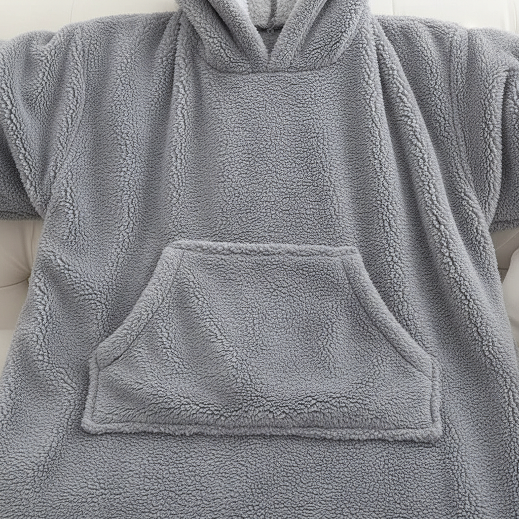 Person relaxing on a couch wearing a gray Unisex Oversized Warm Flannel Blanket Hoodie