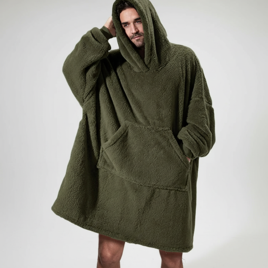 Couple wearing matching Unisex Oversized Warm Flannel Blanket Hoodies, happy and warm