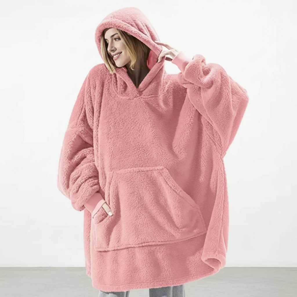 Close-up of the large hood on a Unisex Oversized Warm Flannel Blanket Hoodie, comfortable design