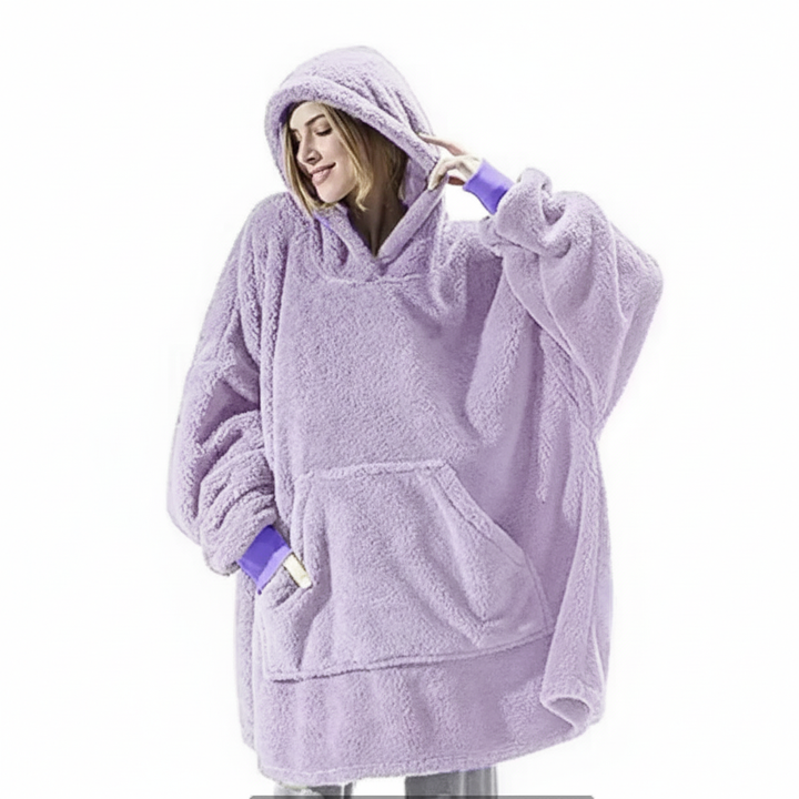 Unisex Oversized Warm Flannel Blanket Hoodie with front pocket detail, practical loungewear
