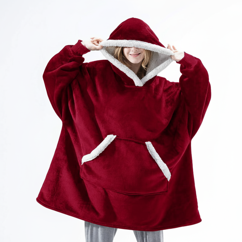 Back view of oversized fleece wearable blanket, highlighting hood and ample coverage