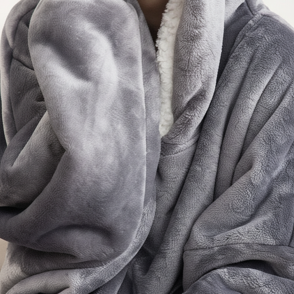 Side view of oversized fleece hoodie blanket, showcasing its generous fit and warmth