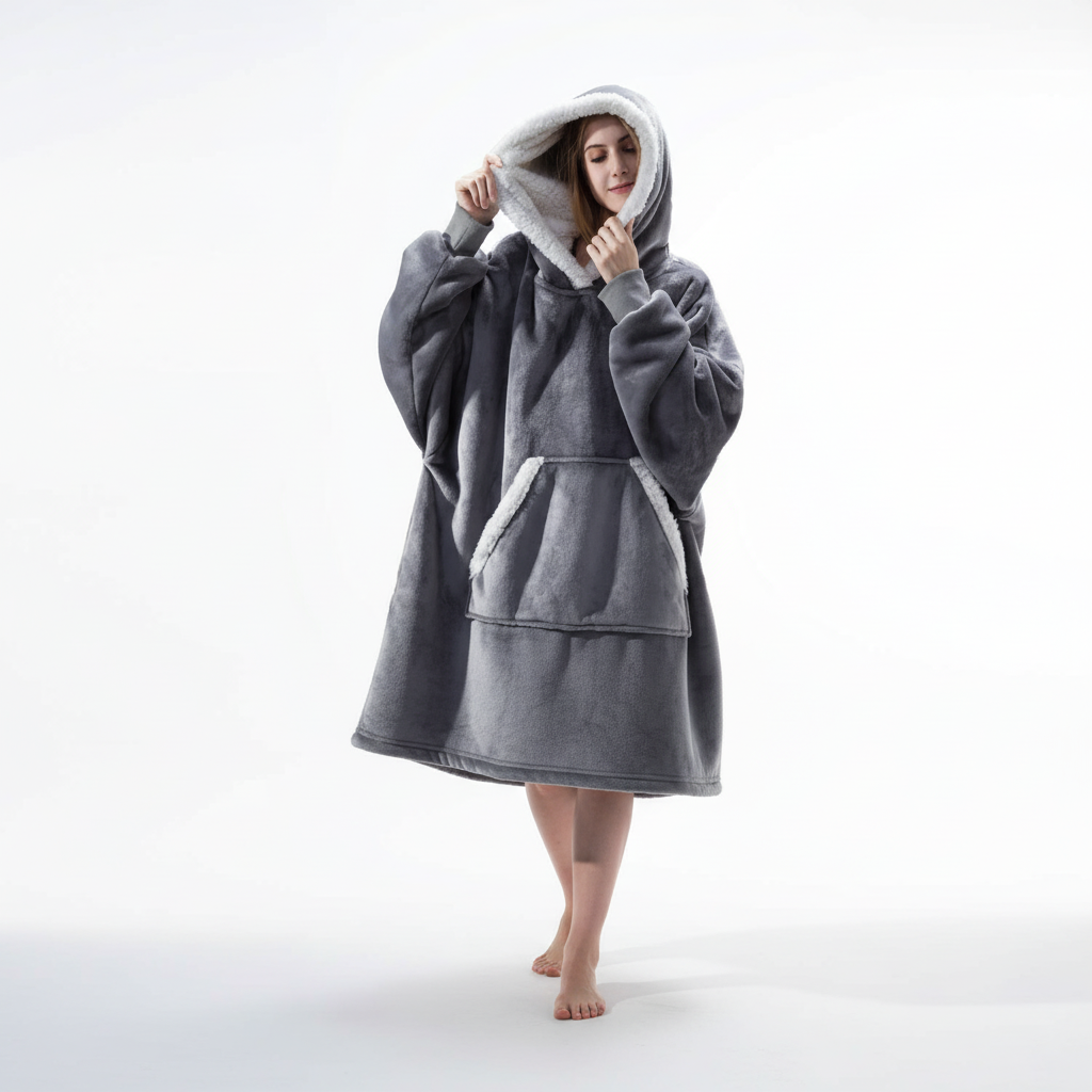 Model smiling while wearing a warm and cozy SnuggleBlanket, perfect for winter evenings