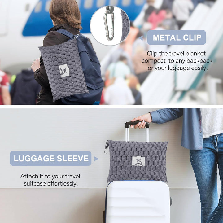 Unisex packable flannel travel blanket and pillow, demonstrating its compact size in hand