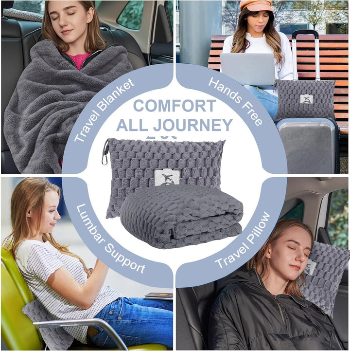 Full set: Trevora travel blanket, pillow, and bag with luggage sleeve, ready for any journey