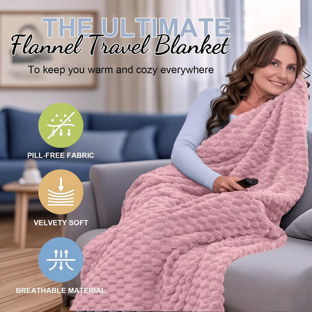 Packable flannel travel blanket and pillow set, compact in carrying bag for easy transport