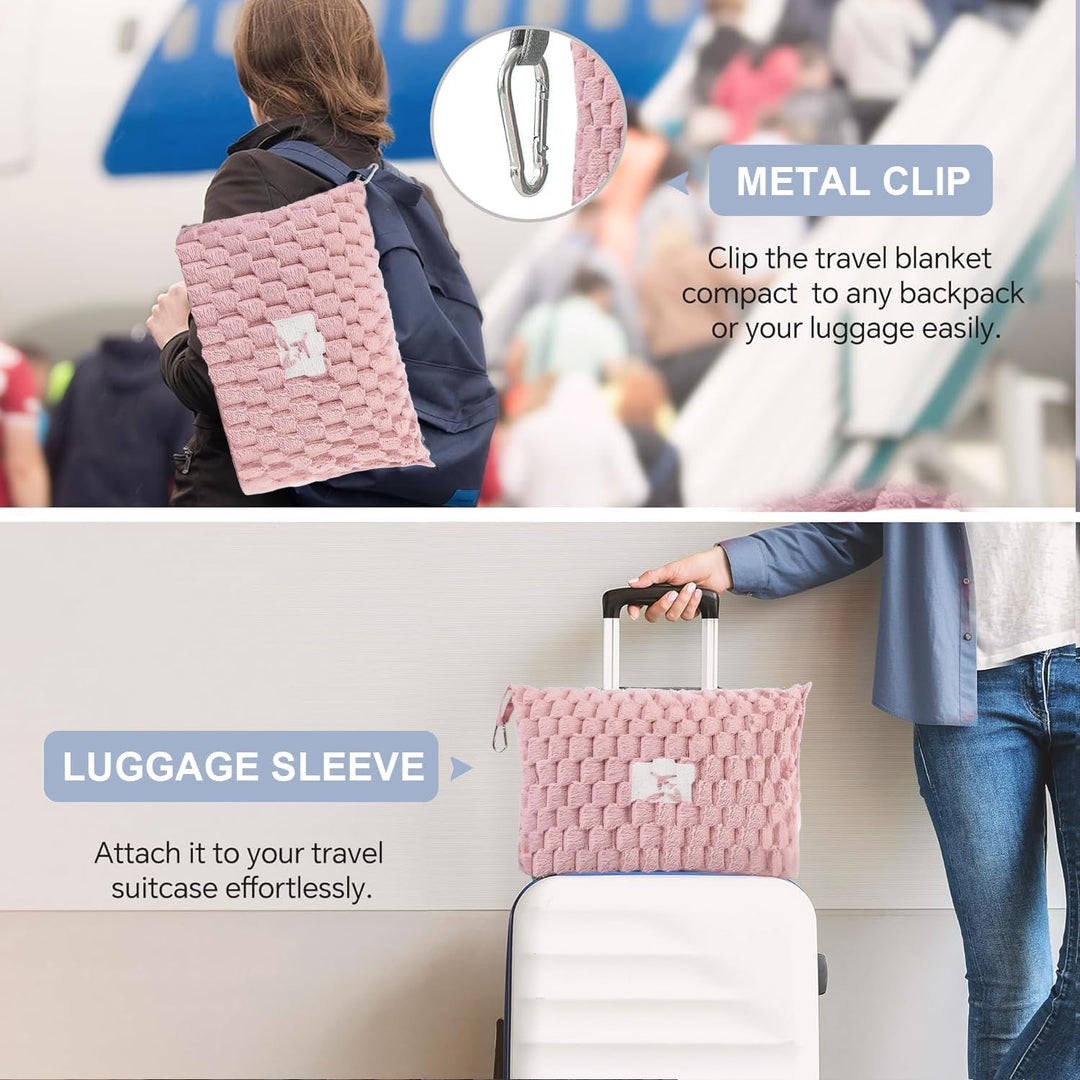 Gray flannel travel blanket shown with attached pillow for ultimate portable comfort