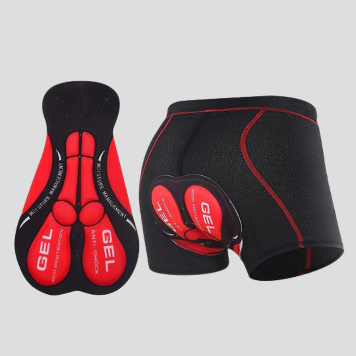 Close-up of black unisex cycling shorts with visible gel padding for superior comfort & shock absorption.