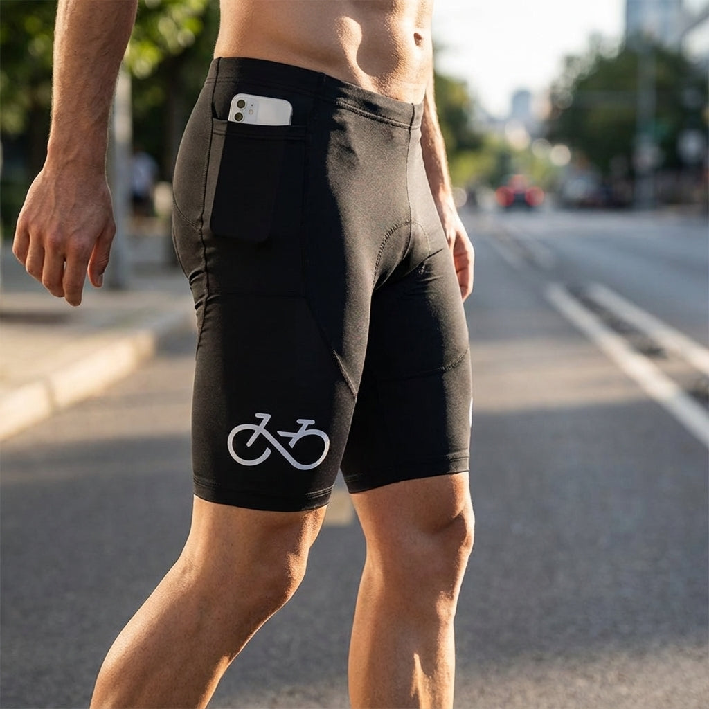 Unisex padded cycling shorts with side pocket, black, for comfortable bike rides