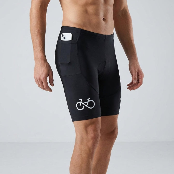 Black unisex cycling shorts, breathable fabric and integrated padding for long rides