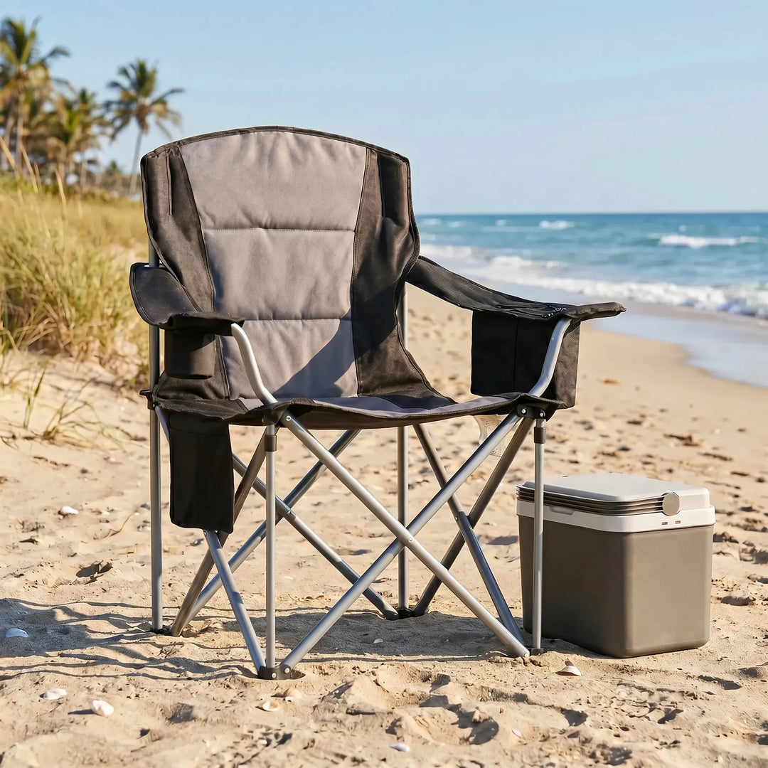 Unisex padded folding camping chair with X-brace support, offering comfortable outdoor seating for camping, beach, travel.