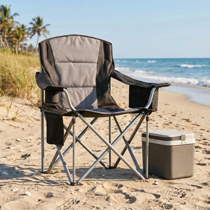 Unisex padded folding camping chair with X-brace support, offering comfortable outdoor seating for camping, beach, travel.