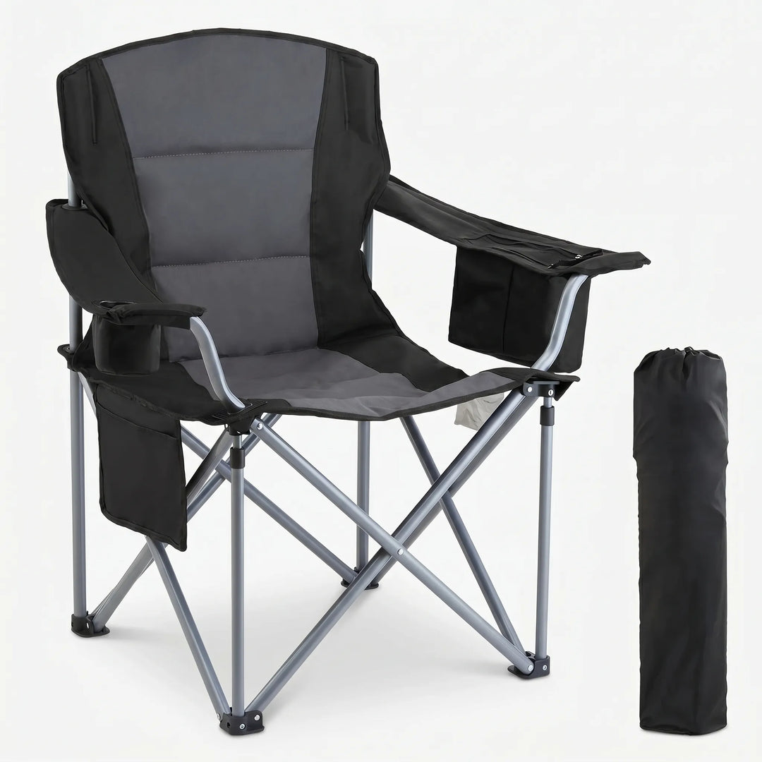 Portable outdoor folding chair with strong X-brace and padding for all-day comfort. Great for camping trips & picnics.