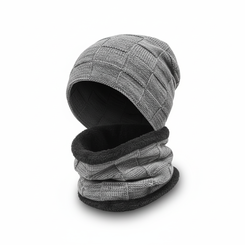 Model wearing a Pascal knit hat and matching scarf, showcasing unisex winter accessories.
