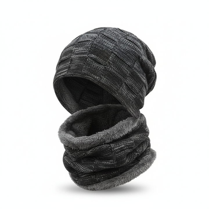 Folded Pascal knit hat and scarf set, ready to wear for stylish winter comfort.