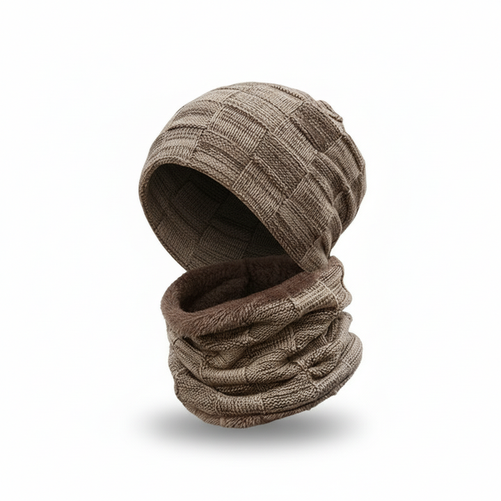 Unisex Pascal knit hat and scarf set, essential warm accessories for winter fashion.
