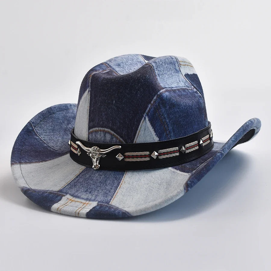 Unisex patchwork cowboy hat with rugged western style and unique bull emblem detail for a bold look.