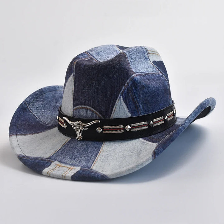 Unisex patchwork cowboy hat with rugged western style and unique bull emblem detail for a bold look.