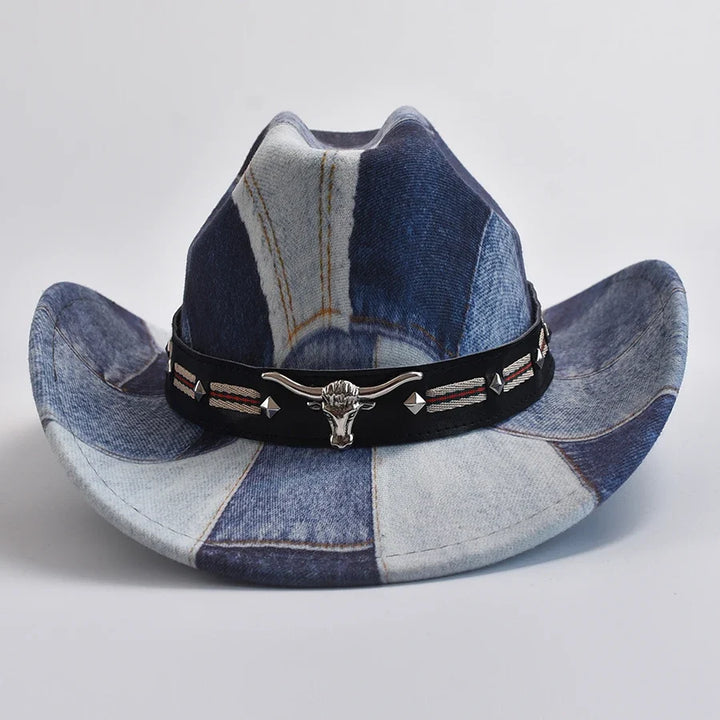 Bold western style patchwork cowboy hat, a striking unisex fashion statement headwear piece.