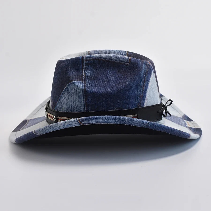 Unique rugged patchwork cowboy hat, unisex headwear embodying classic western style.